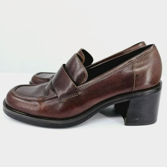 Nine West Franke2 90s Chunky Penny Loafers 6.5 M Chocolate Brown Leather Stacked - Picture 8 of 13